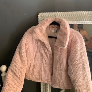 Cropped pink faux fur jacket